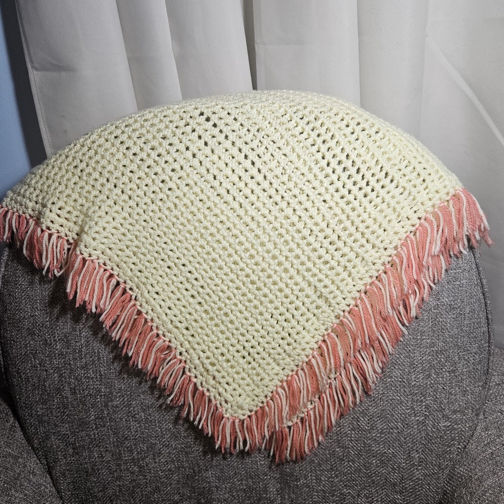 Chrochet Handmade Granny Shawl Lap Blanket Table Runner Yellow Coral Fringe - Picture 6 of 7